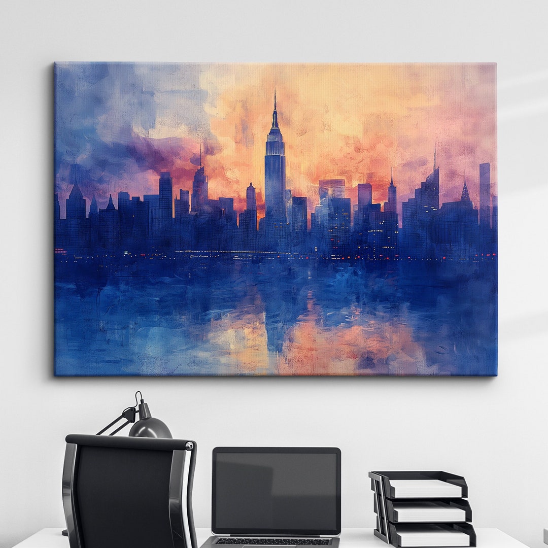 New York City Skyline Sunset America Landmark Oil Painting Style Wall ...