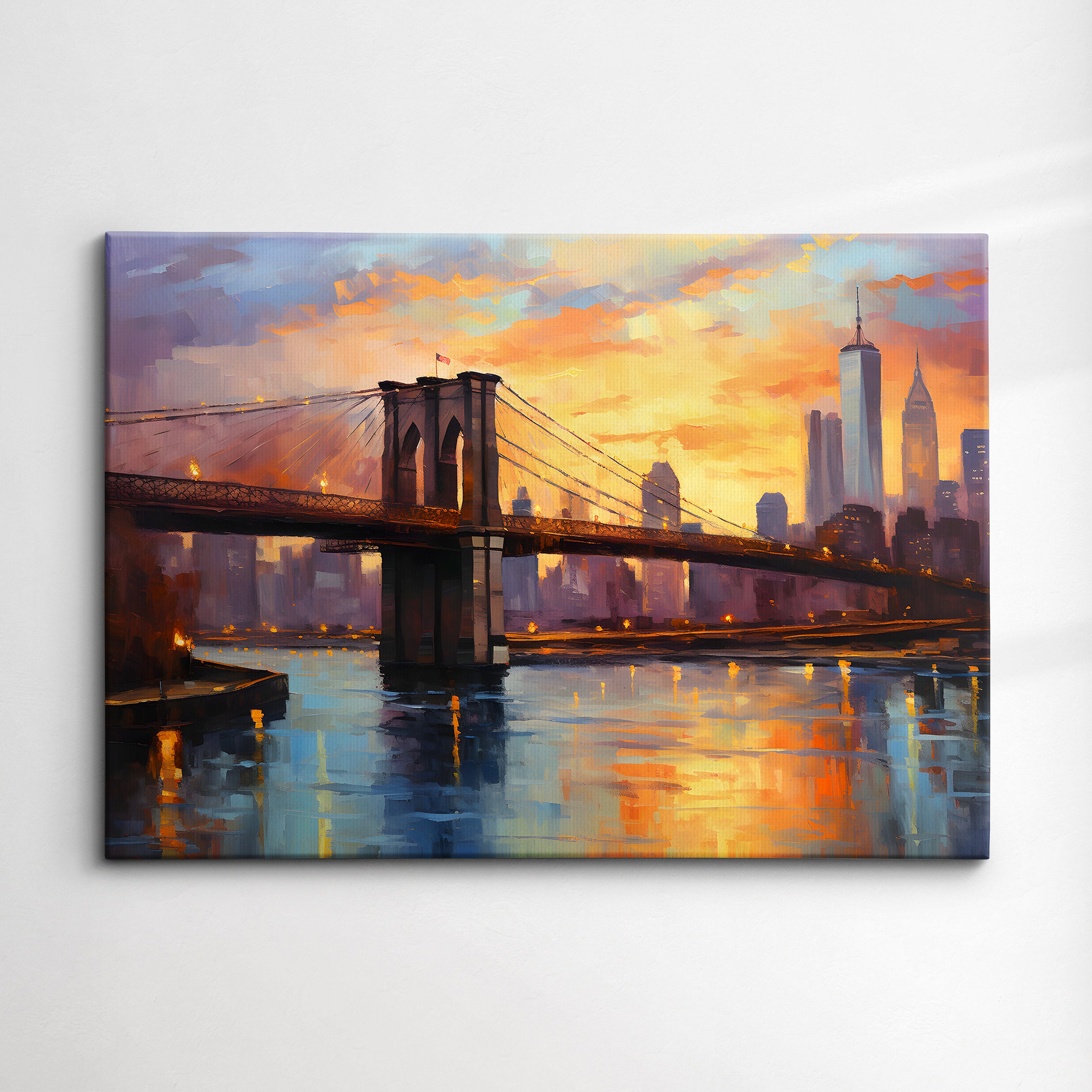 New York City Brooklyn Bridge Sunset Landmark Oil Painting Style