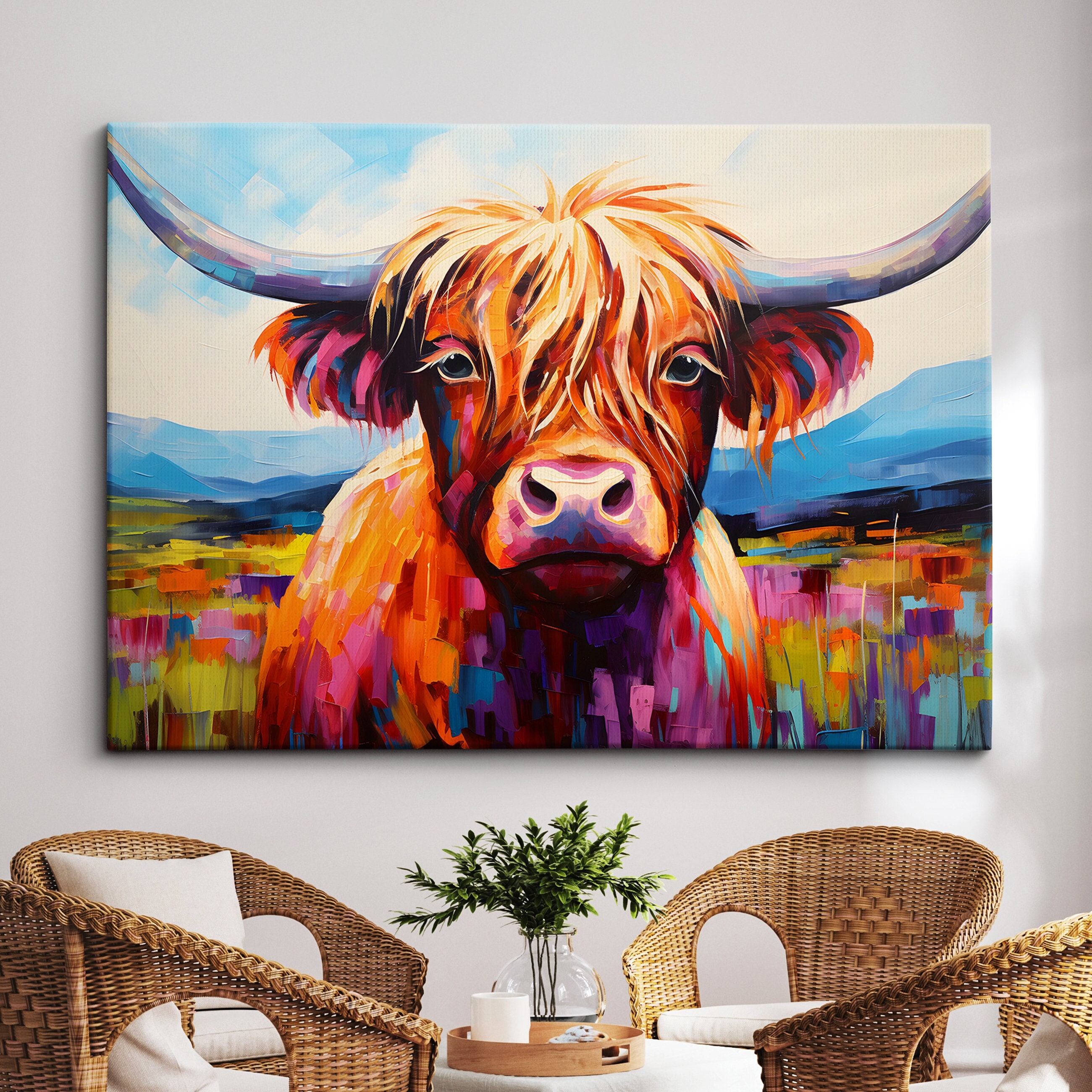 Highland Cow Animal Abstract Oil Painting Colourful Paint Splatter