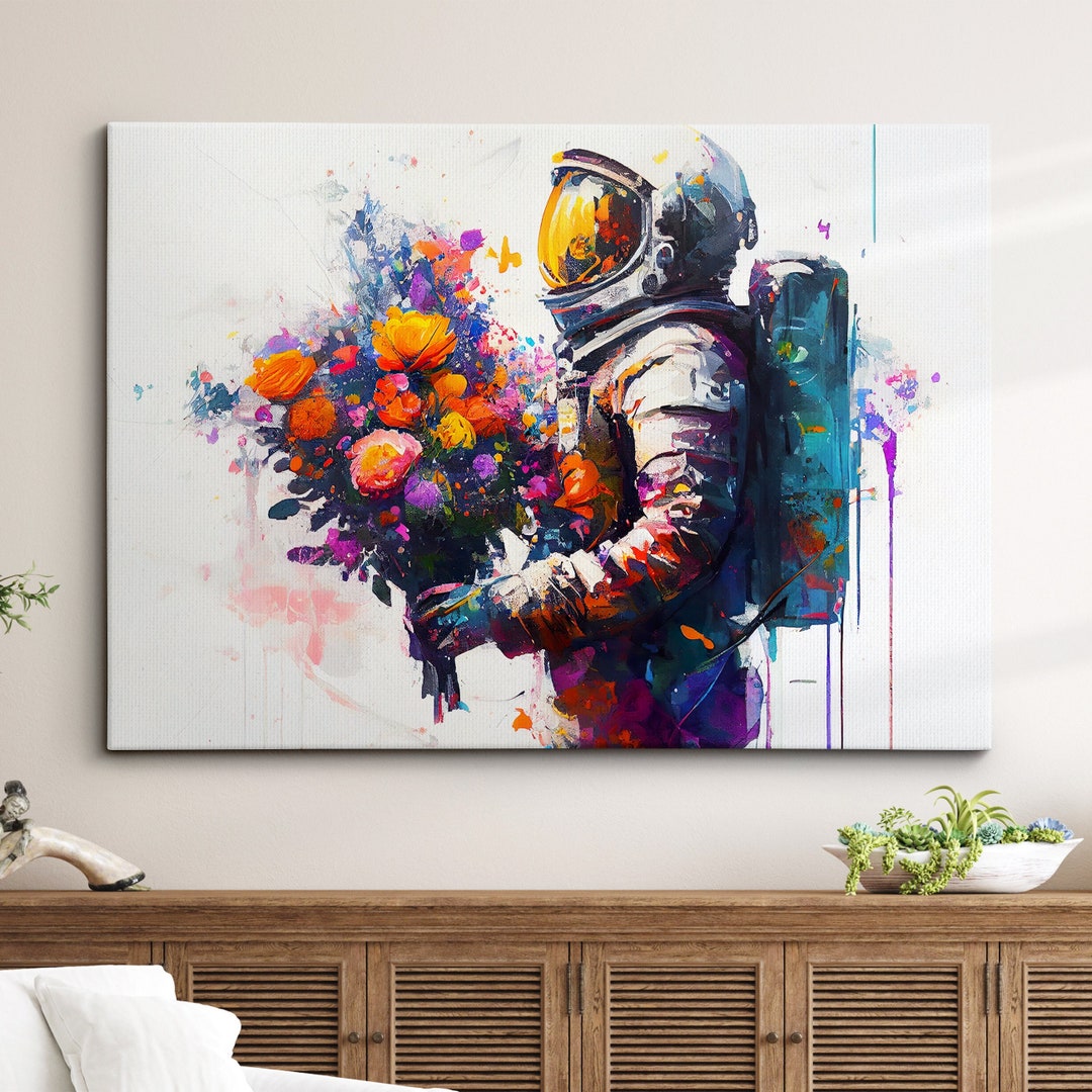 Astronaut Bouquet Flowers Burst Floral Abstract Oil Painting Wall Art ...