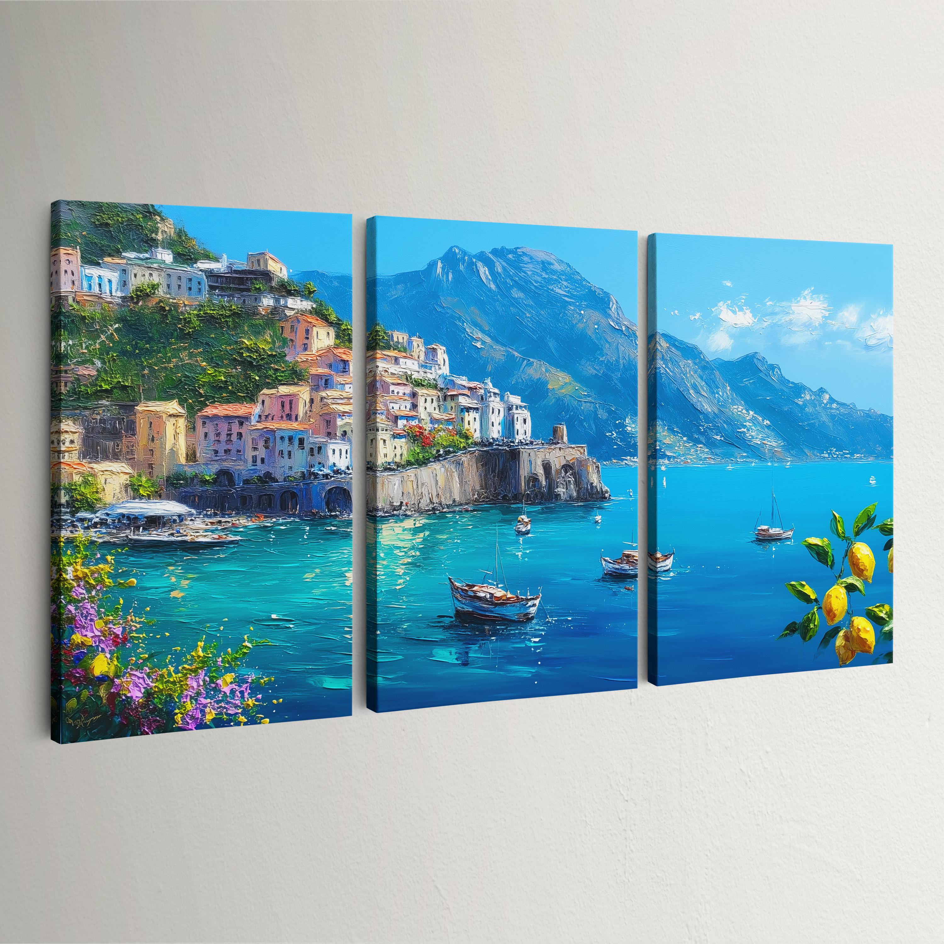 Amalfi Coast Italy 3 Panel Split Canvas Wall Art Coastal Seaside Cliffs ...