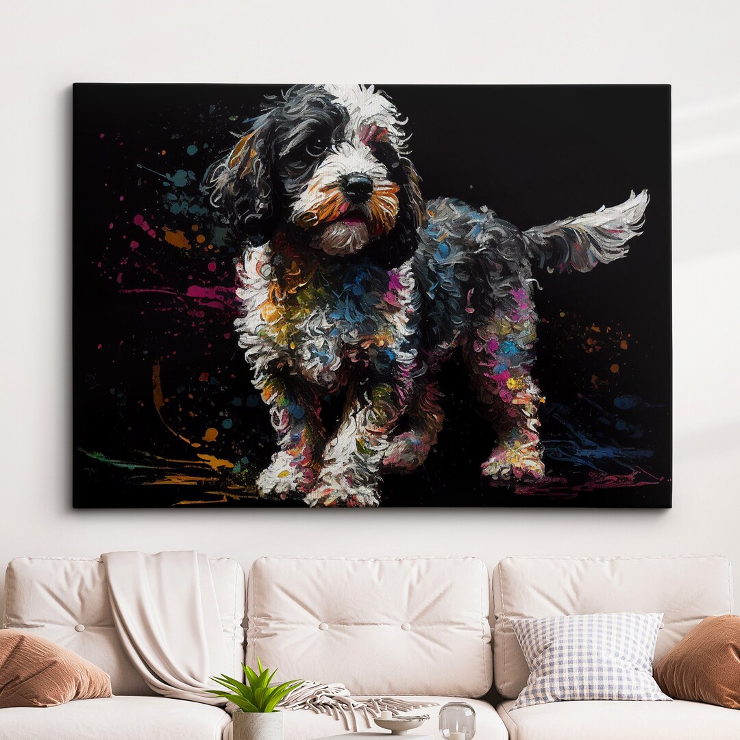 Colorful Cockapoo Dog Pet Abstract Modern Oil Painting Wall Art, Framed ...