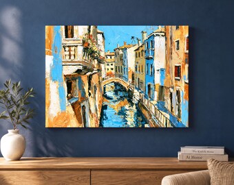 Venice Canal Canvas Wall Art, Colourful Italian Cityscape Painting, Blue and Ochre Landscape Decor for Living Room, Italy Travel Lover Gift