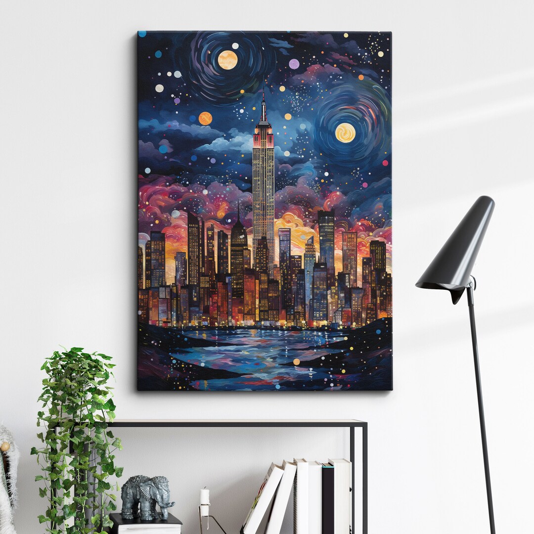 New York Starry Night Abstract Oil Painting Style Wall Art, Framed
