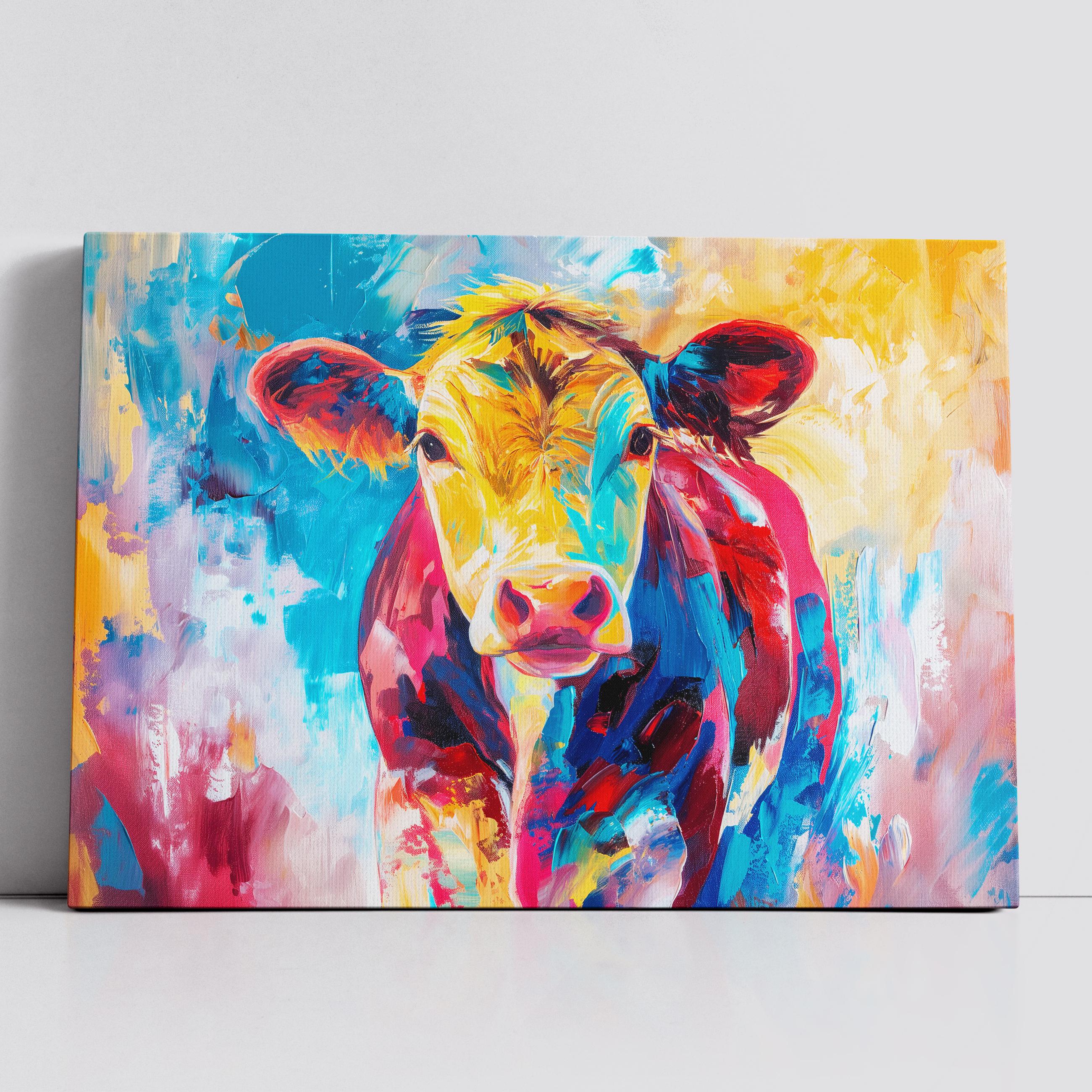 キャンバス 油絵　専用　カラフルCOWS   　5 Colorful Cow Wild Animal Abstract Oil Painting Paint Splatter