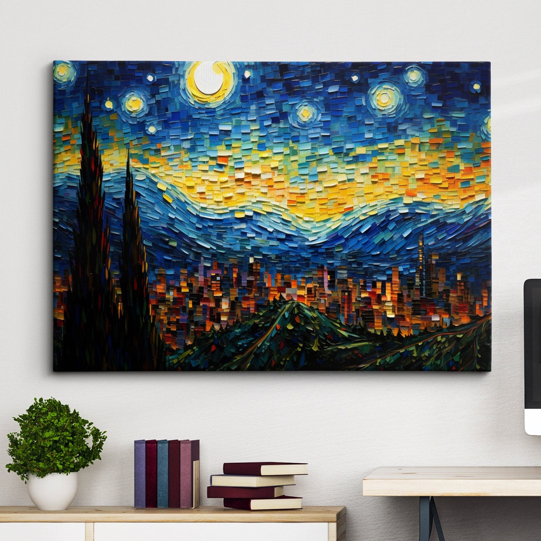 Starry Night City Paint Abstract Art Oil Painting Wall Art, Framed