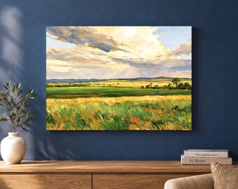 Green Meadow Landscape Canvas Wall Art, Impressionist Countryside Painting in Gold and Blue, Rustic Living Room Decor, Nature Lover Gift