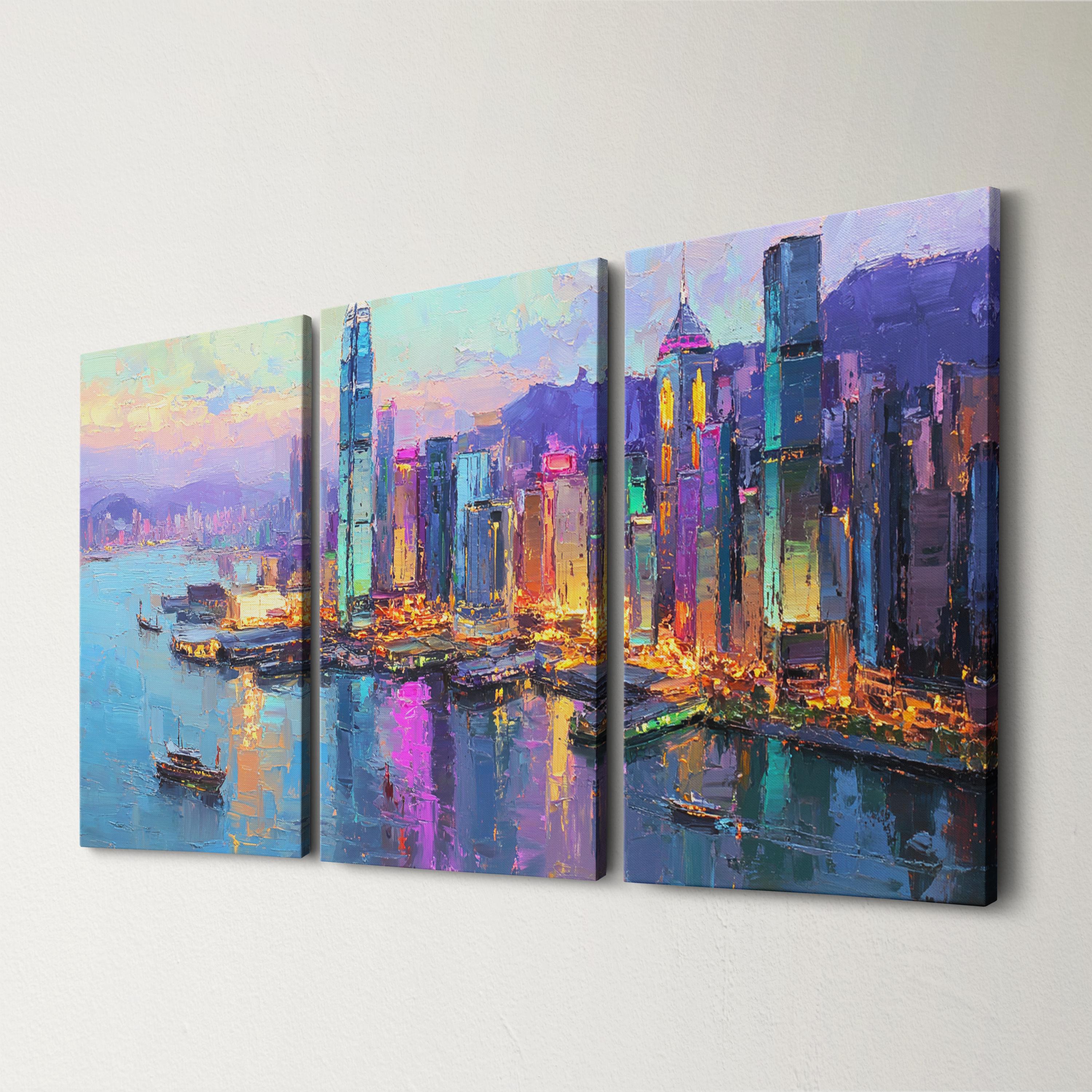 Hong Kong City Skyline 3 Panel Canvas Wall Art | Abstract Oil