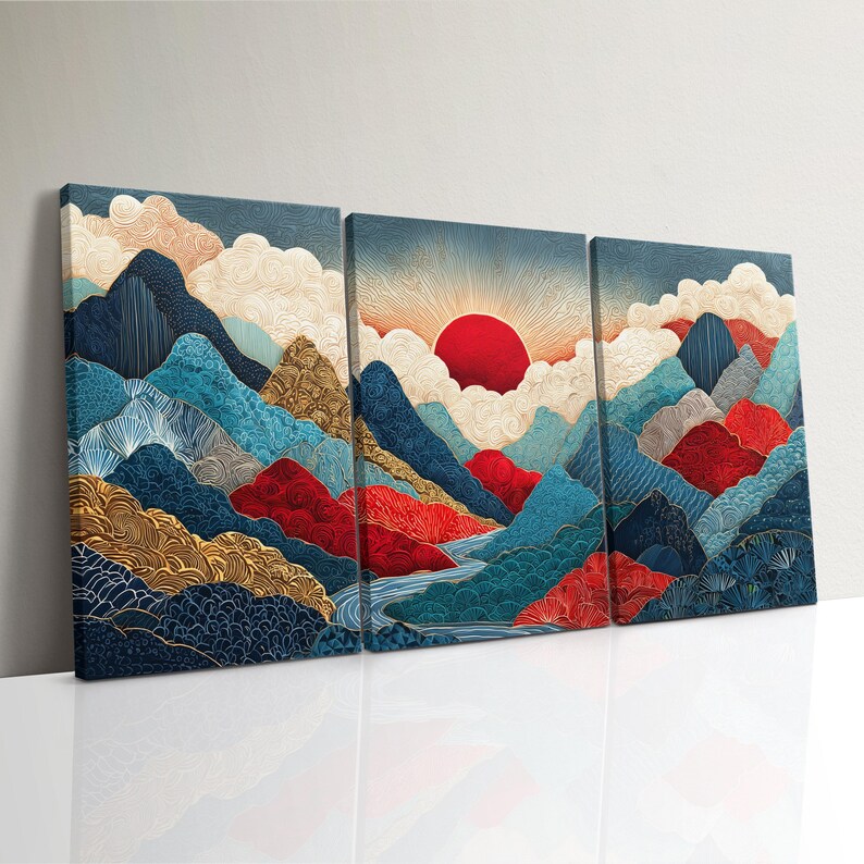 Japanese Mountain Landscape Canvas Art Print: Red Sun, Blue Clouds ...
