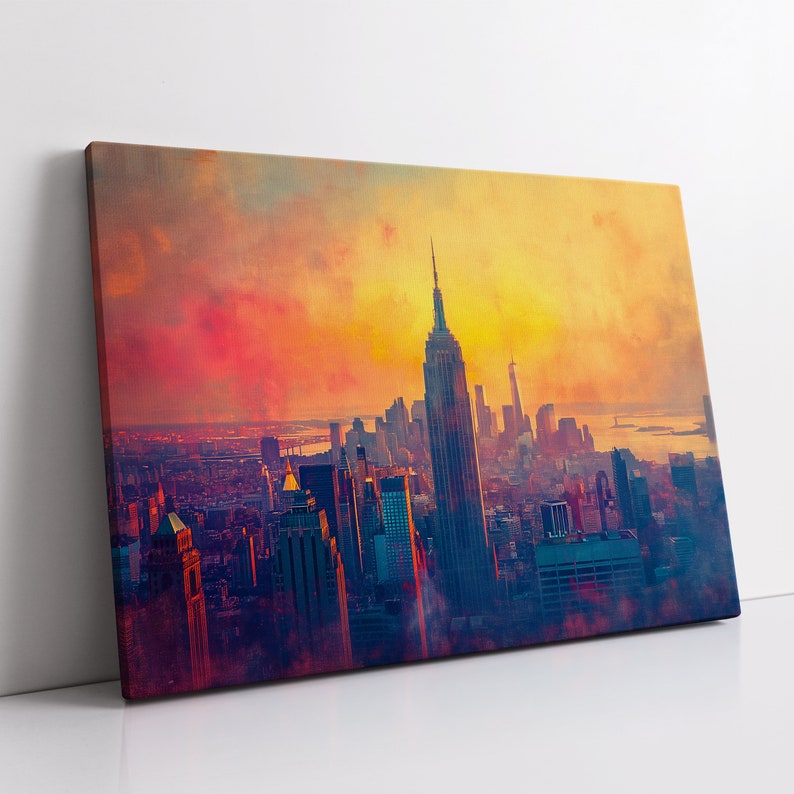New York City Skyline Sunset America Landmark Oil Painting Style Wall ...