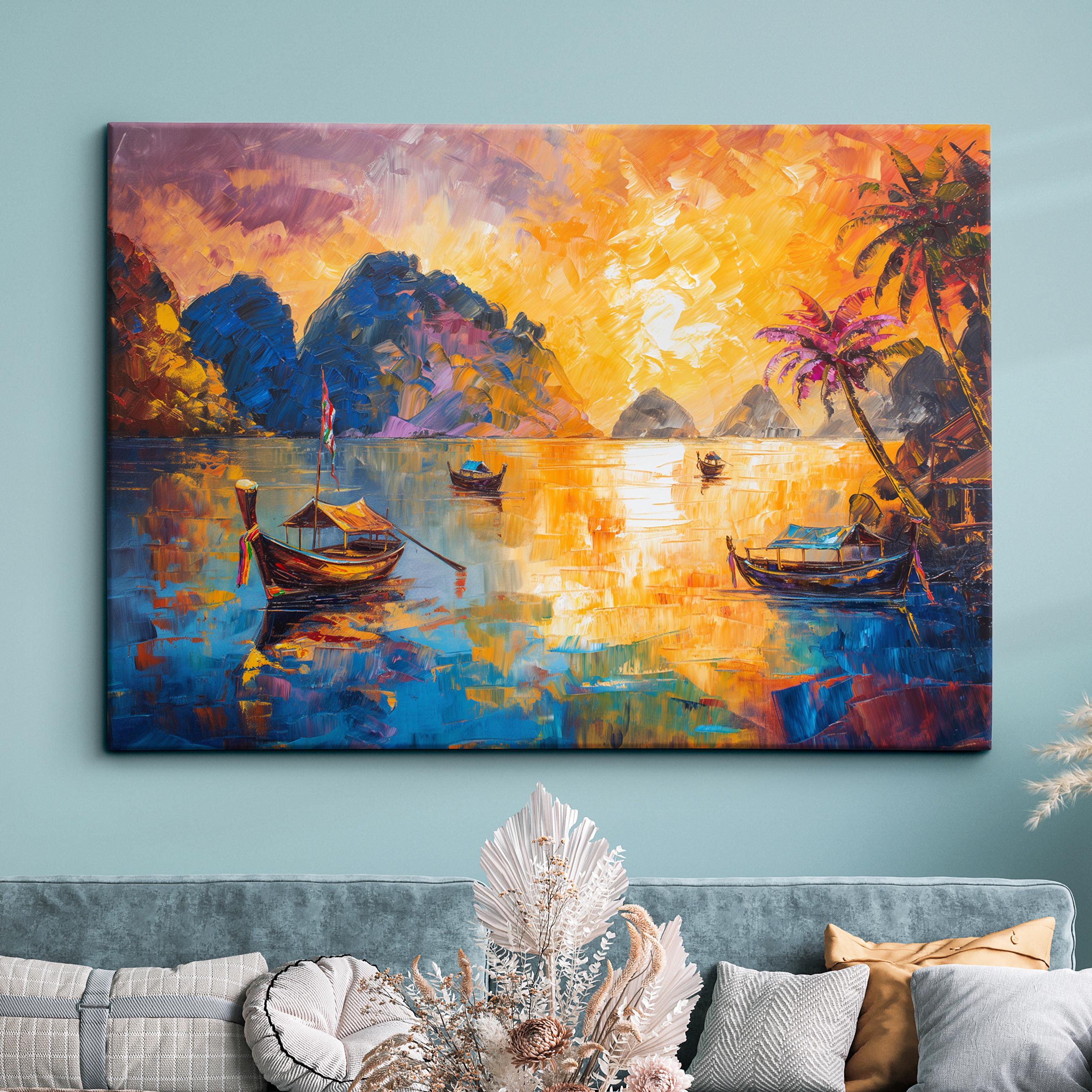 Thailand Ruea Hang Yao Boat River Landmark Oil Painting Watercolor