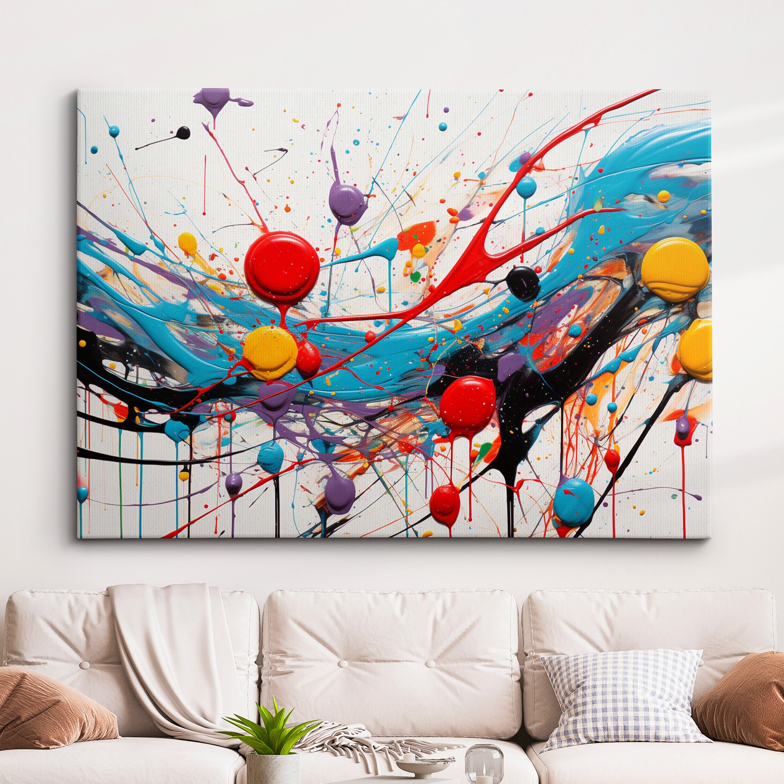 Colorful Paint Splash Abstract Oil Painting Splatter Style Wall Art, Framed Canvas Poster Print, Home Kitchen Office Room Decor, Gifts