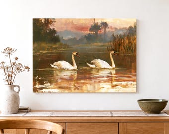 Two Swans on a Lake Canvas Wall Art, Romantic Sunset Wildlife Painting, Warm Neutral Rustic Decor for Bedroom or Lounge, Anniversary Gift