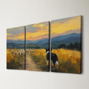 May include: A triptych canvas art piece depicting a pastoral scene. A black and white dog stands in a field of golden grass, overlooking a flock of sheep on a dirt path. The background features rolling hills and a sunset.
