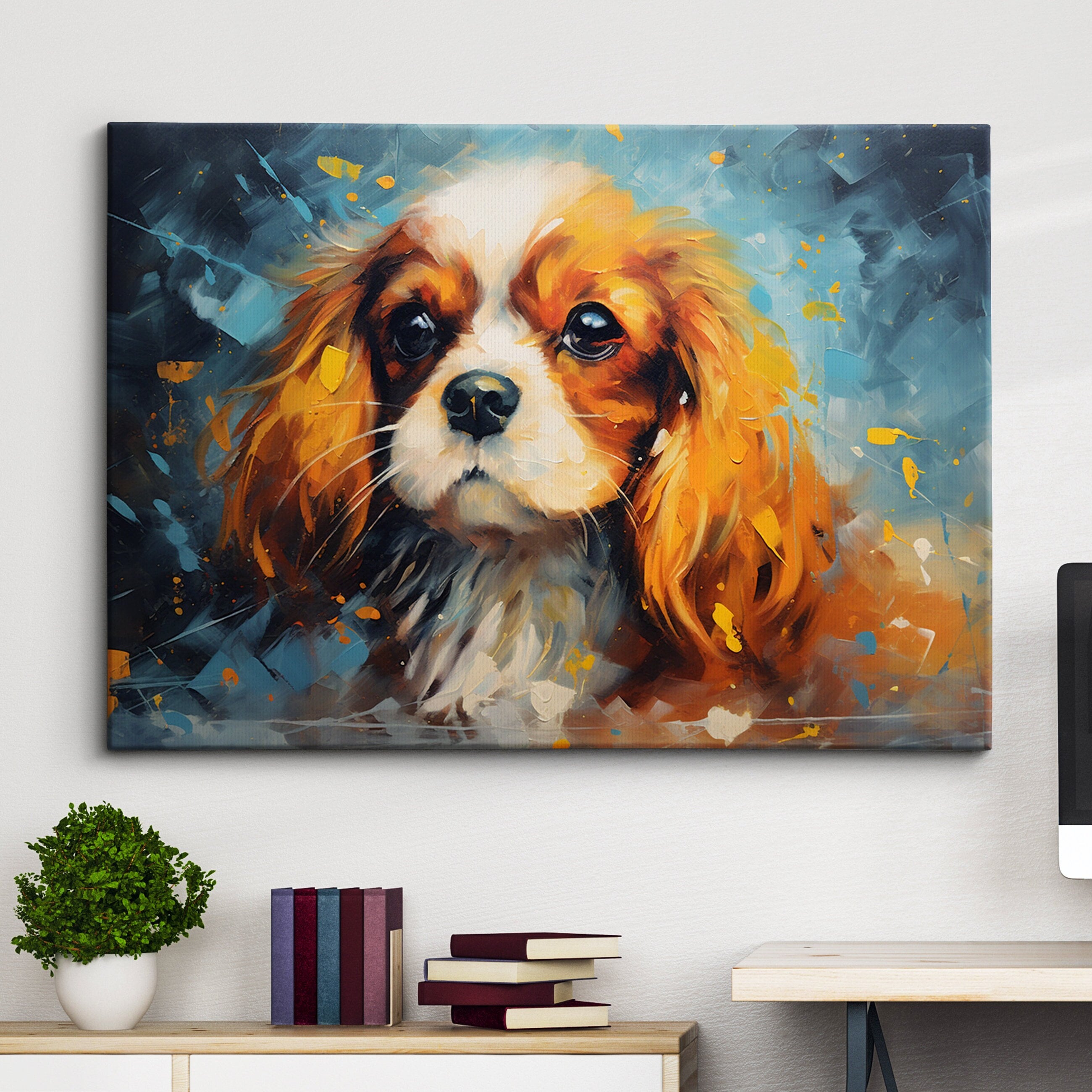 Cavalier King Charles Spaniel Crown Dog Pet Abstract Modern Painting Wall Art, Framed Canvas Poster Print, Home Kitchen Office Room Decor