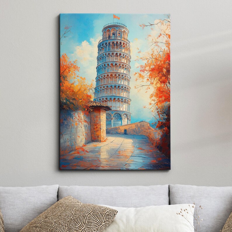 Leaning Tower of Pisa Italy Abstract Modern Colourful Europe Painting Wall Art, Framed Canvas
