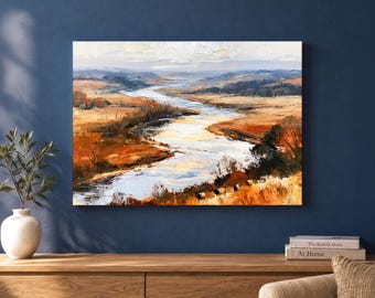 River Landscape Canvas Wall Art, Autumn Countryside Oil Painting Style in Rust and Blue, Large Living Room Wall Decor, Nature Lover Gift
