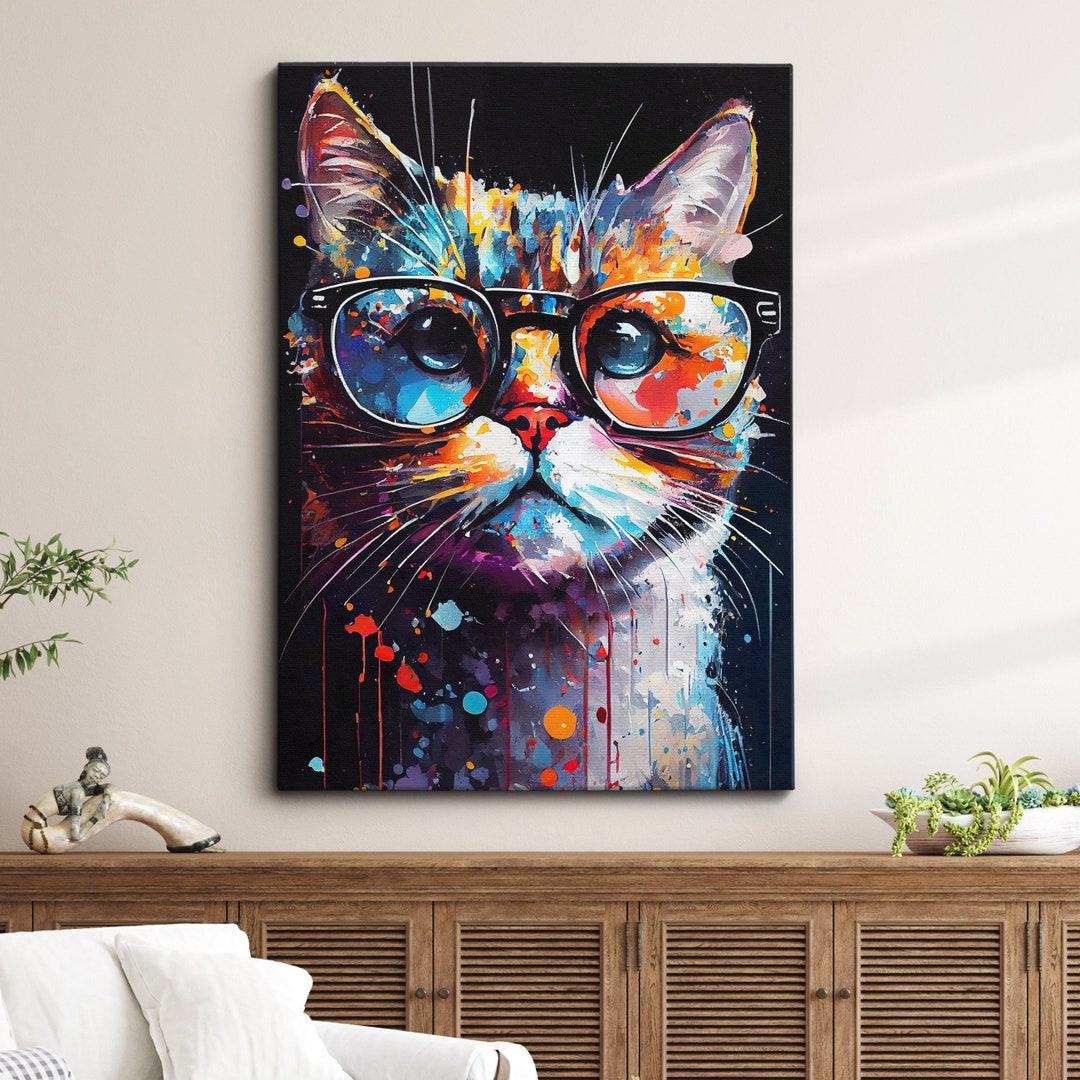 Cat With Glasses Abstract Animal Fun Colorful Pet Painting