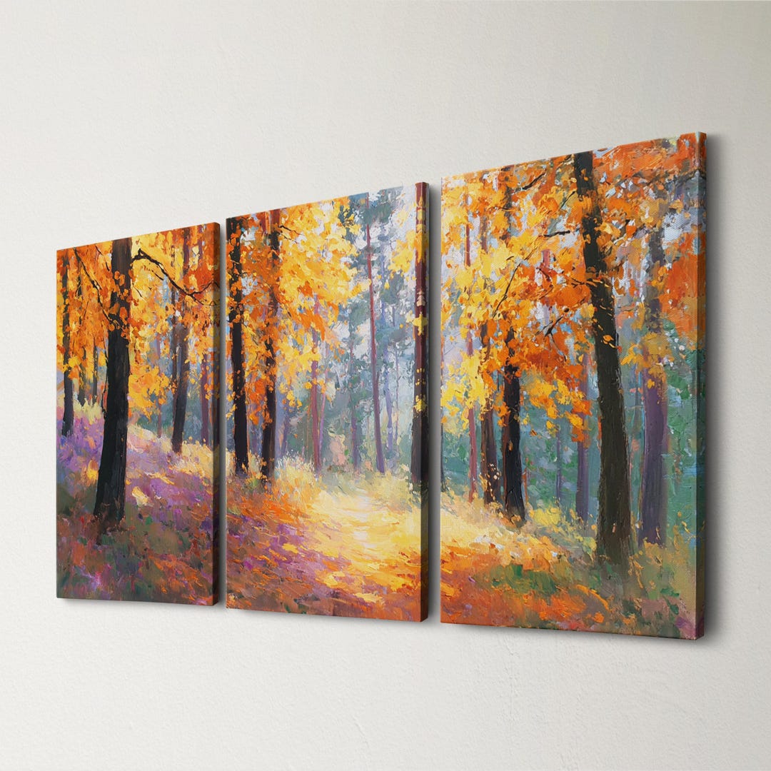 Autumn Oil Painting Wall Art 3 Panel Split Canvas Art Forest Landscape ...