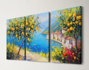 Sicily Lemon Tree Coastal 3 Panel Split Canvas Wall Art  Italian Landscape Abstract Oil Painting Framed Canvas Mediterranean Home Decor Gift