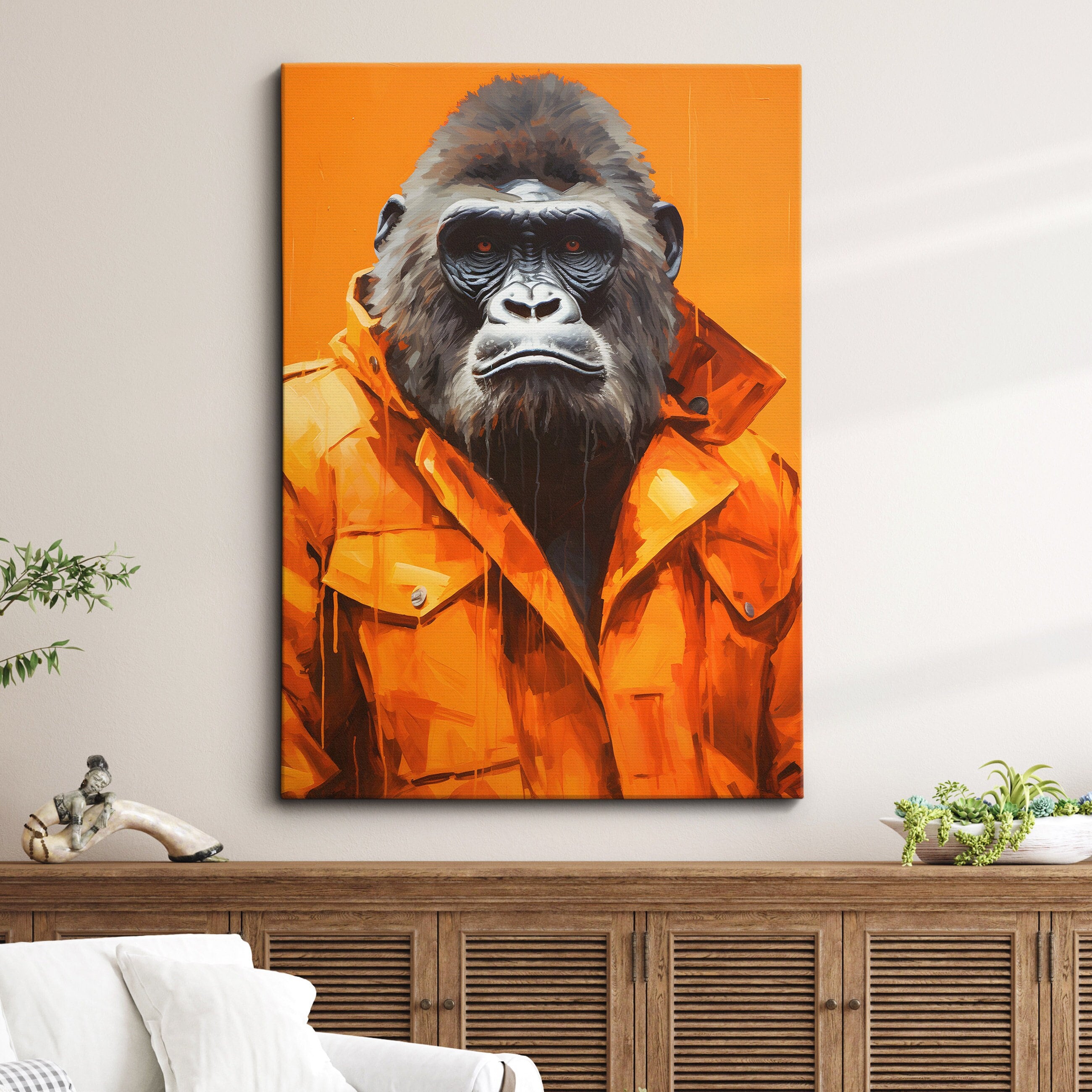 Gorilla With Coat Hood Animal Abstract Oil Painting Splatter Style