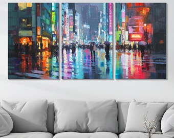 Tokyo Street Scene 3 Panel Split Canvas Wall Art Neon Signs in