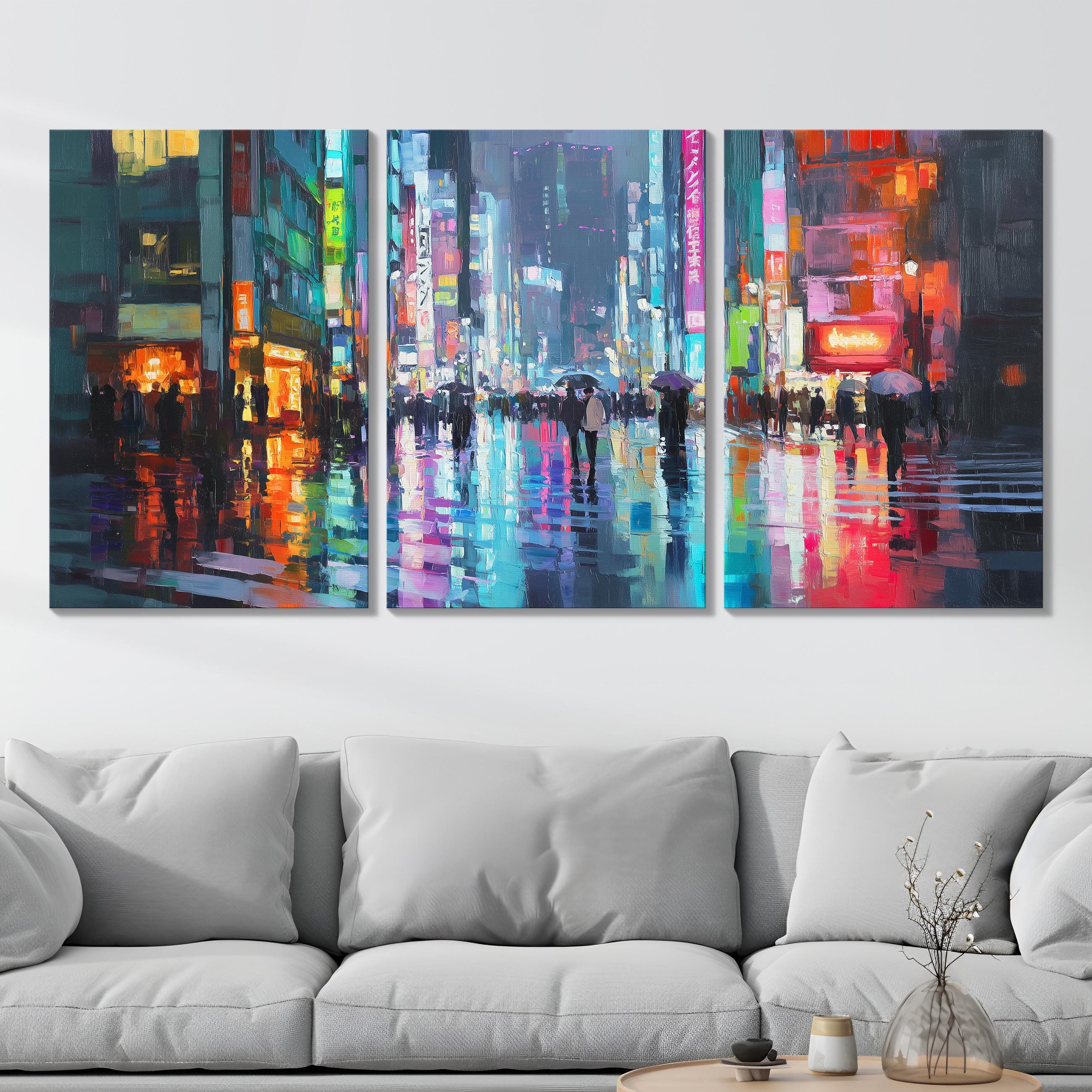 Tokyo Street Scene 3 Panel Split Canvas Wall Art Neon Signs in