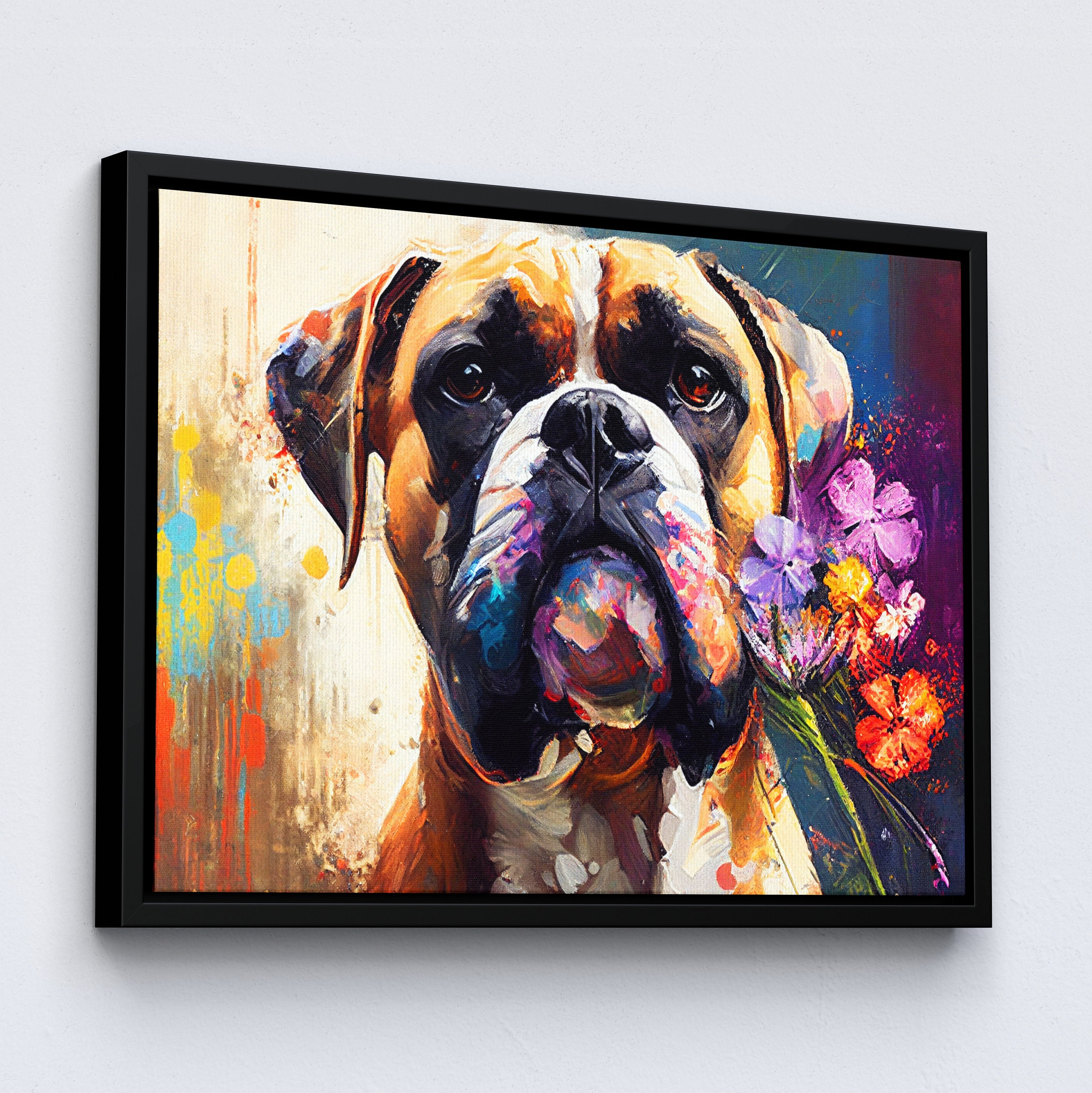 BOXER 油絵アート Boxer With Flowers Dog Pet Abstract Modern Oil Painting Wall Art
