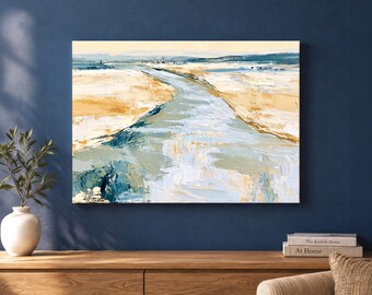Coastal Landscape Canvas Wall Art, Abstract Beach and Tidal Stream in Blue and Sand, Painterly Seaside Living Room Decor, Housewarming Gift