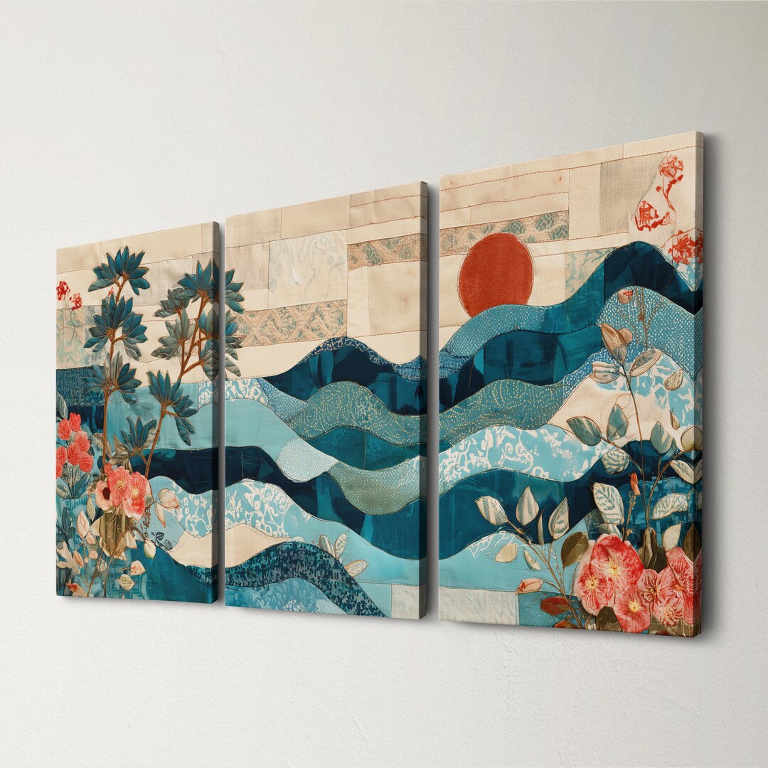 Triptych Wall Art Set | Japanese Wave & Floral Canvas Prints for Living ...