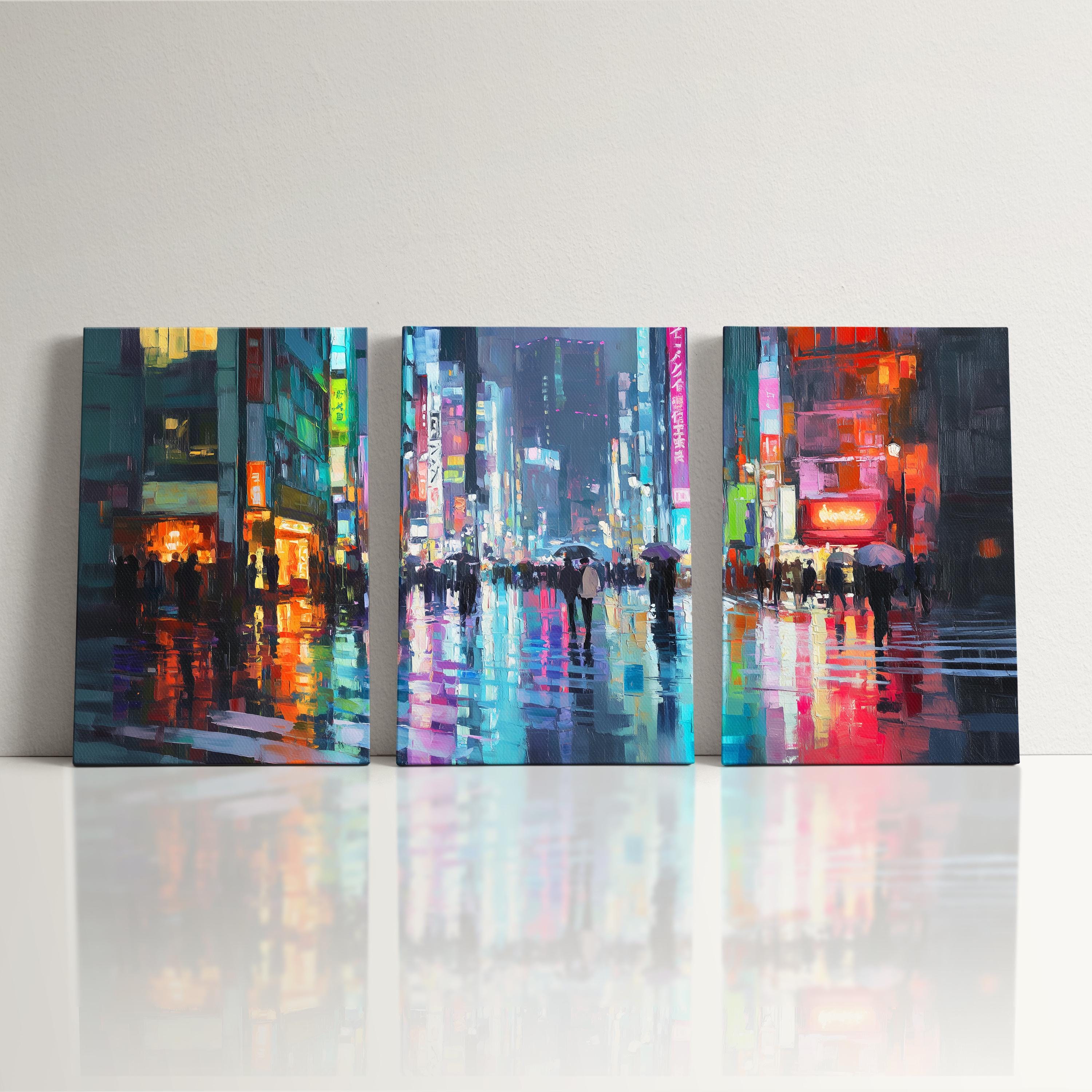 Tokyo Street Scene 3 Panel Split Canvas Wall Art Neon Signs in