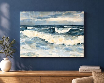 Ocean Waves Canvas Wall Art, Blue and Cream Seascape Painting, Coastal Landscape Decor for Living Room, Beach House Gift for Sea Lovers