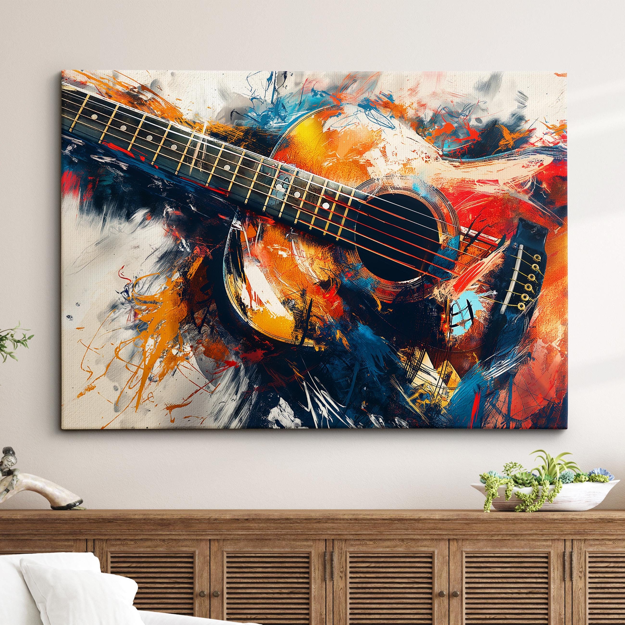 Colorful Guitar Abstract Oil Painting Musical Instrument Wall Art