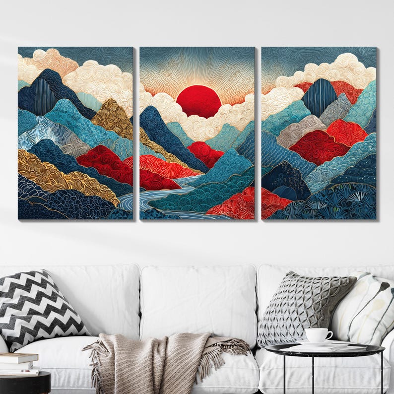 Japanese Mountain Landscape Canvas Art Print: Red Sun, Blue Clouds ...