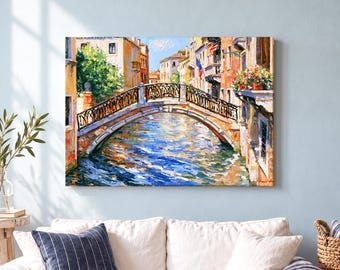 Venice Canal Bridge Canvas Wall Art, Colourful Impressionist Italian Cityscape, Blue Water Living Room Decor, Italy Travel Gift for Her