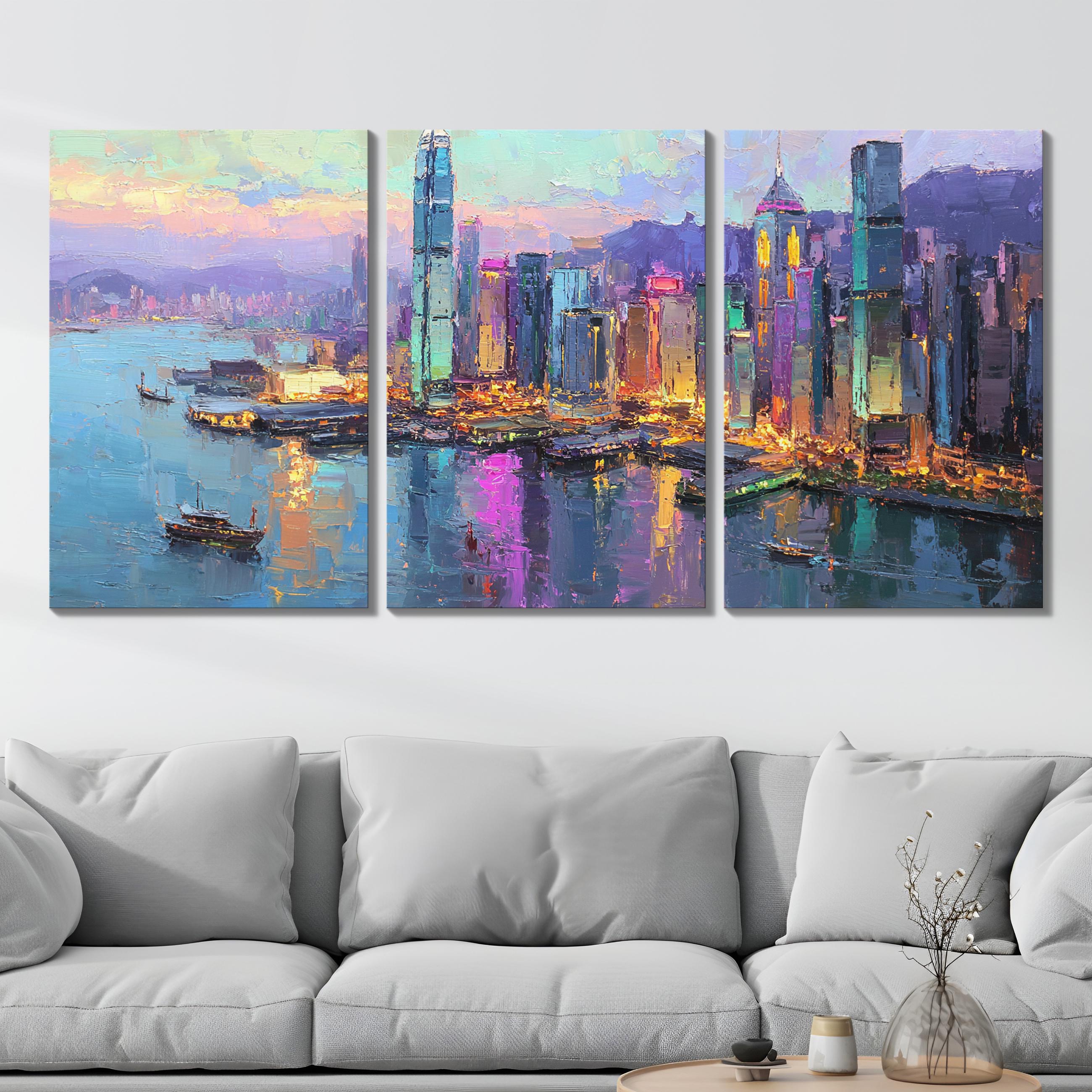 Hong Kong City Skyline 3 Panel Canvas Wall Art | Abstract Oil