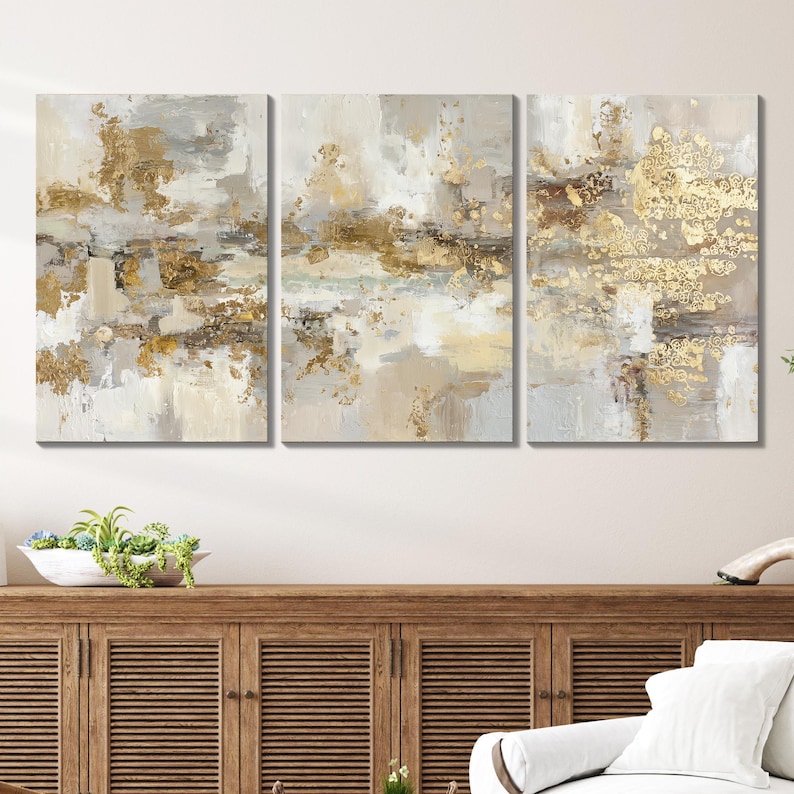 Abstract Gold Flake Effect Abstract Paint Splash Wall Art Set of 3 ...