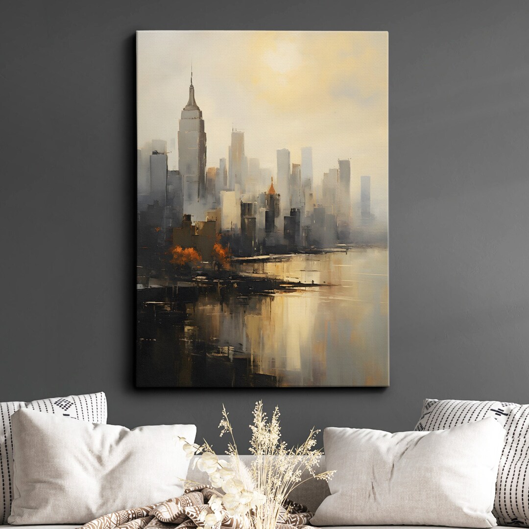 New York City Sunset Skyline Retro Vintage Abstract Oil Modern Painting ...