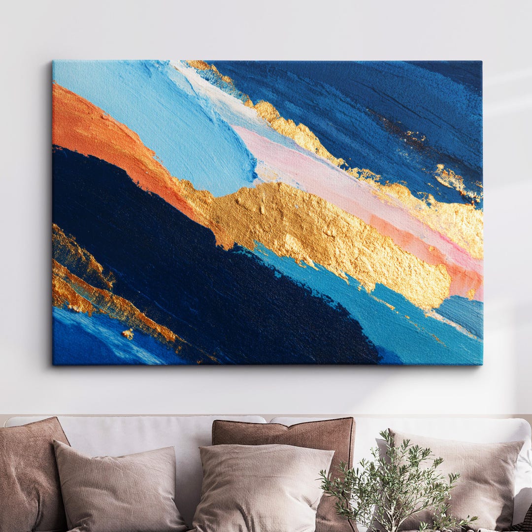 Abstract Gold & Blue Modern Wall Art | Minimalist Canvas Art Oil ...