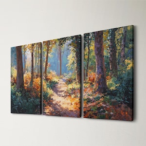 May include: A triptych canvas art print showing a forest path bathed in sunlight. The artwork features a path winding through trees with lush green foliage, and hints of orange and yellow. The painting creates a sense of peace and natural beauty.