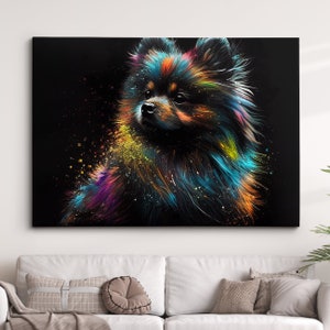 May include: A colorful abstract painting of a fluffy dog with splashes of paint in the background. The dog is mostly blue, green, and yellow with hints of orange and red.