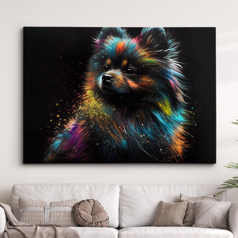 May include: A colorful abstract painting of a fluffy dog with splashes of paint in the background. The dog is mostly blue, green, and yellow with hints of orange and red.