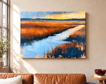 Marshland Sunset Canvas Wall Art, Blue and Burnt Orange Landscape Print, Coastal Wetland Decor for Living Room, Nature Lovers Gift Idea