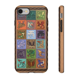 May include: A phone case featuring a grid of colorful dragon illustrations. The case has a brown wood-grain design with a decorative border. The dragons are in various colors, including green, red, blue, and purple. The side of the case is also brown.