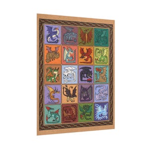 May include: A rectangular print featuring a grid of colorful dragon illustrations. Each dragon is unique, with varying colors and designs, set against different colored backgrounds. The print has a brown border with a decorative pattern.