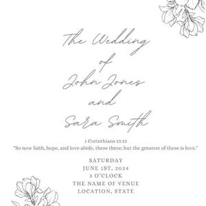 May include: Elegant wedding invitation with floral illustrations in the corners. The invitation includes the names John Jones and Sara Smith, the date June 1st, 2024, and the time 3 O'Clock. The text is in a delicate script font.