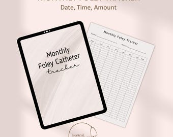 Puede incluir: Una tableta negra que muestra "Monthly Foley Catheter tracker" y una hoja impresa "Monthly Foley Tracker". El texto "Date, Time, Amount" está encima de la tableta. El logotipo de Kontrol Kare está en la parte inferior.
