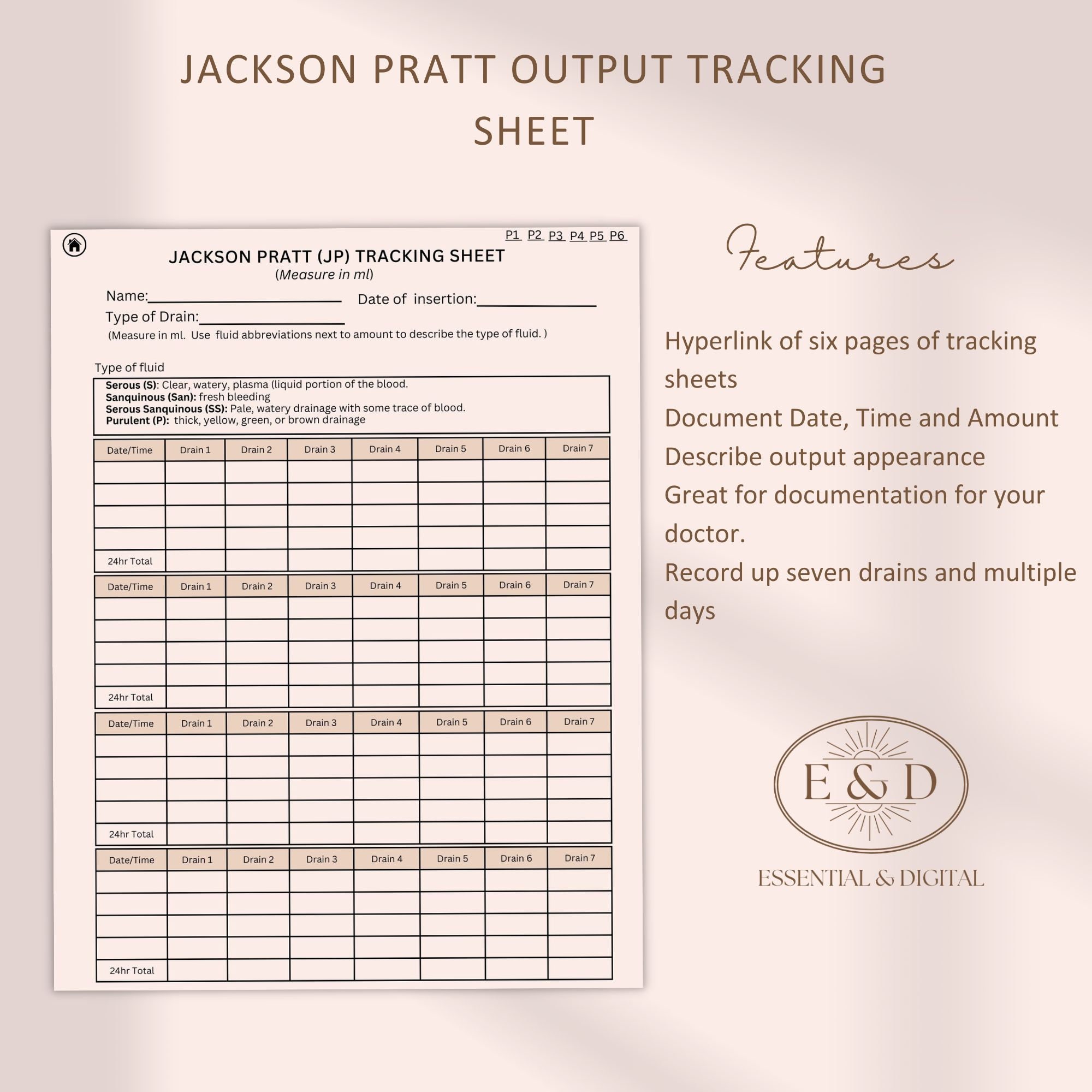 Jackson Pratt Drain Output Tracker, Surgical Drain Record Sheet, Post