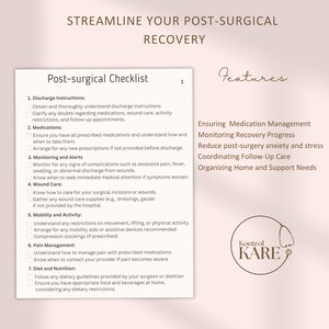 Puede incluir: Una lista de verificaci&oacute;n para la recuperaci&oacute;n postquir&uacute;rgica con una lista de instrucciones y consejos para administrar medicamentos, controlar las complicaciones, el cuidado de las heridas, la movilidad, el manejo del dolor, la dieta y la nutrici&oacute;n. La lista de verificaci&oacute;n se titula "Post-surgical Checklist" y presenta el texto "Kontrol KARE" en un c&iacute;rculo.
