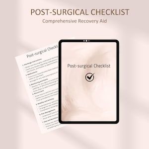 Puede incluir: Una lista de verificación para la recuperación postquirúrgica, con el título "Post-surgical Checklist" y el subtítulo "Comprehensive Recovery Aid". La lista de verificación incluye elementos como instrucciones de alta, medicamentos, monitoreo y alertas, cuidado de heridas, movilidad y actividad, manejo del dolor, dieta y nutrición.
